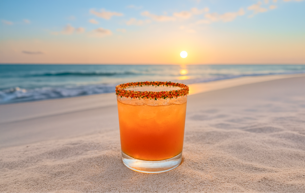Rimmed cocktail on a beach at sunset