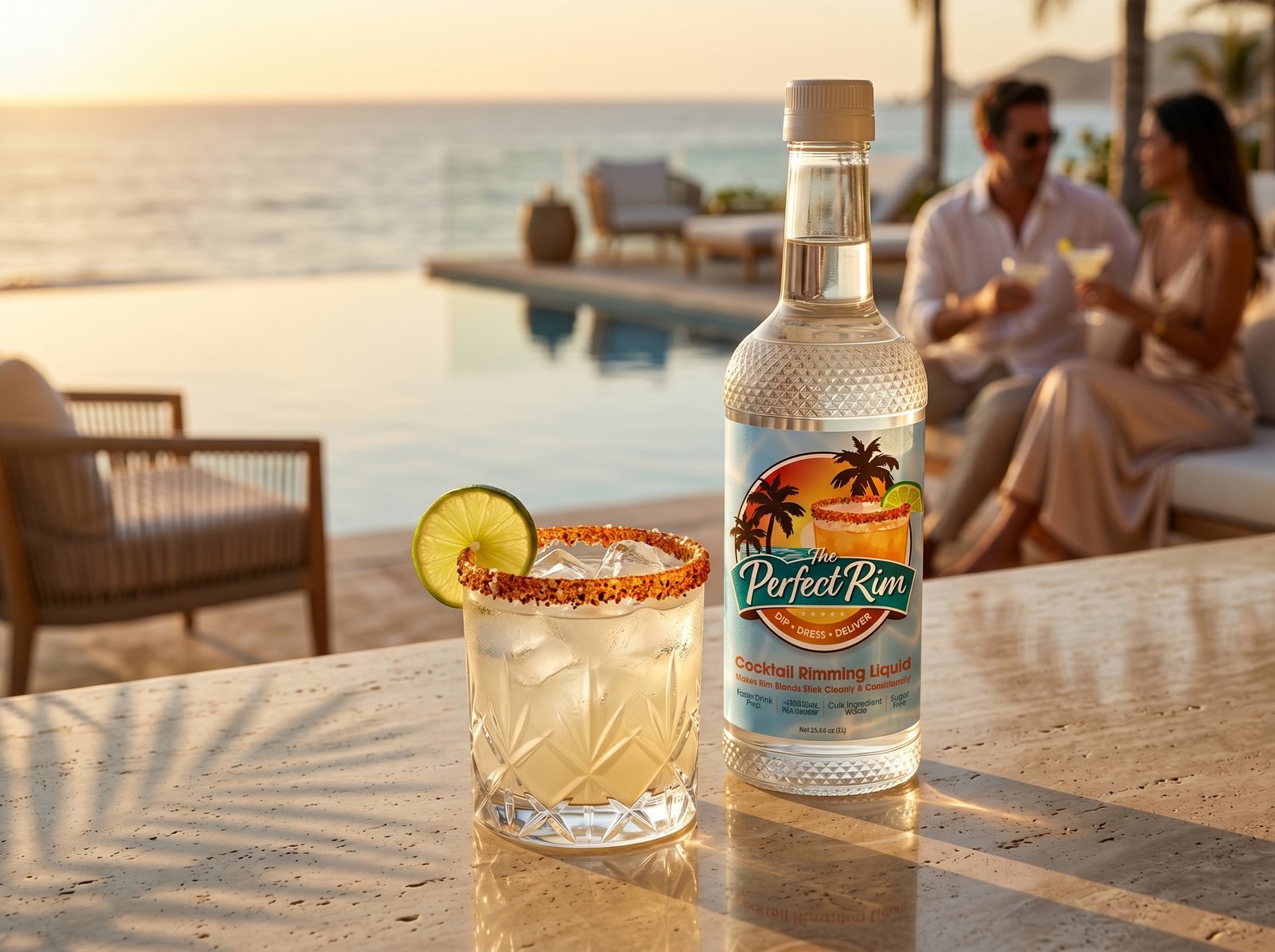 The Perfect Rim cocktail rimming liquid beside a finished cocktail at a resort