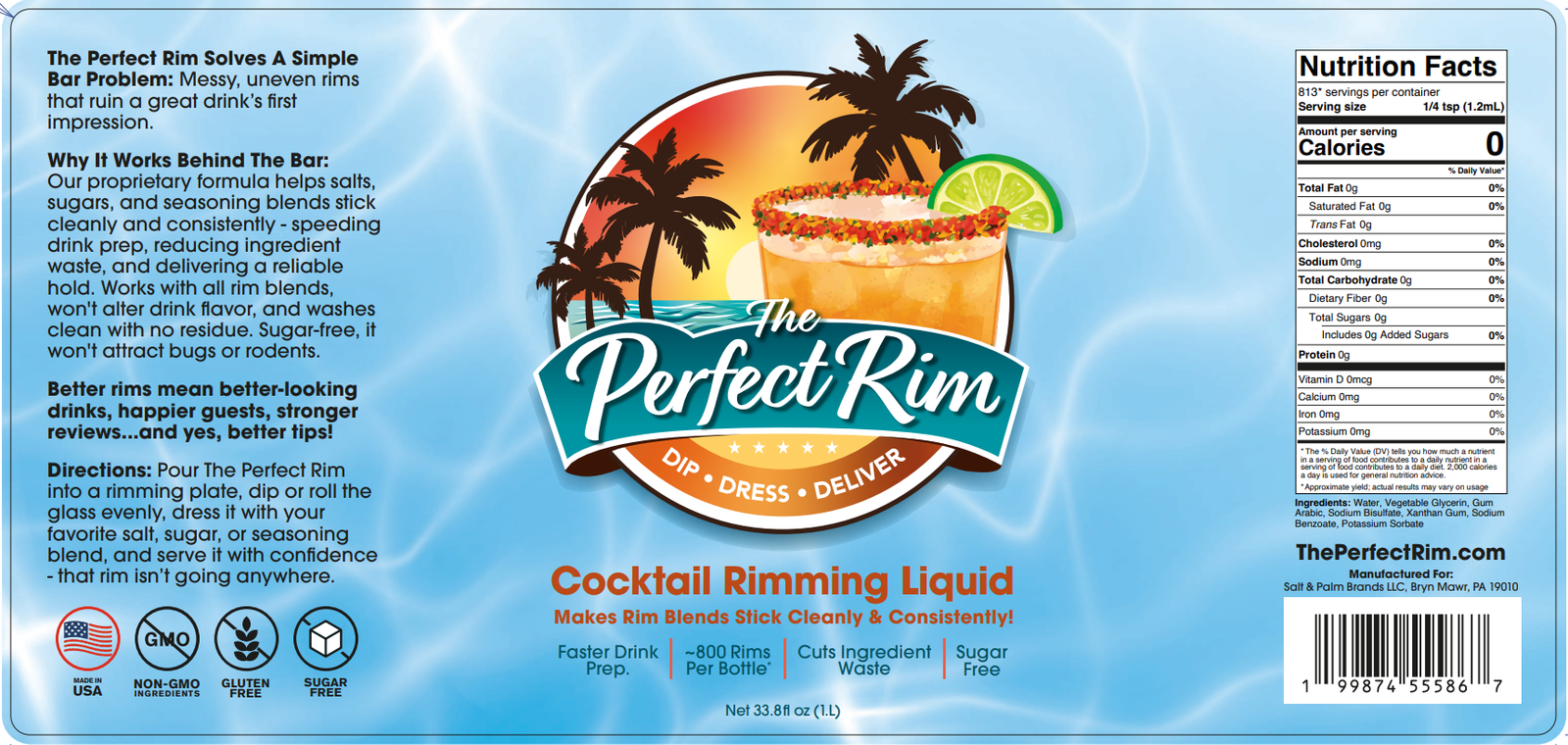 The Perfect Rim bottle label with directions, nutrition facts, and barcode